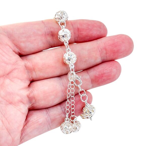 Estate Sterling Silver 925 Filigree Ball Link Bracelet 7.5” - Picture 1 of 6